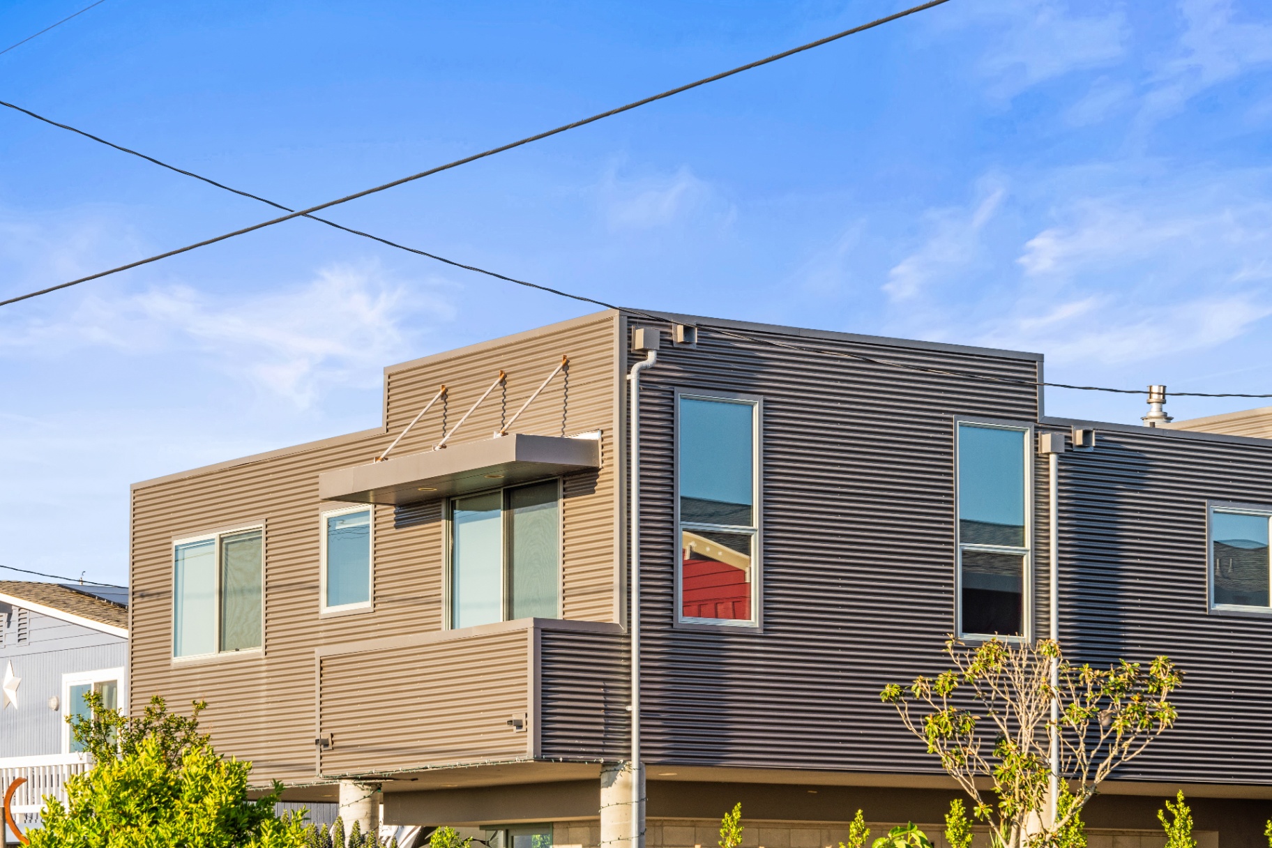 Architectural exterior detail of the modern waterfront home